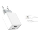   XO L65 hálózati gyors töltő ( 2.4A) 2x USB + Micro USB kábel  - fehér