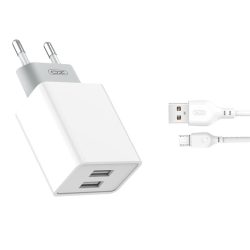 XO L65 hálózati gyors töltő ( 2.4A) 2x USB + Micro USB kábel  - fehér