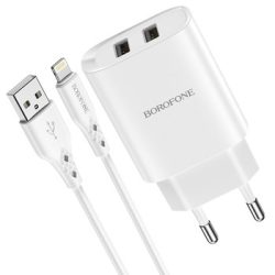 Borofone Wall - BN2 Super - Dual USB Lightning hálózati töltő szett - 2,1A - fehér