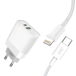 XO L64 PD QC 3.0 hálózati gyors töltő + Type-C - Lightning adatkábel 18W - 1x USB + 1x Type-c - fehér