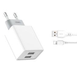 XO L65 hálózati gyors töltő ( 2.4A) 2x USB + Lightning USB kábel  - fehér