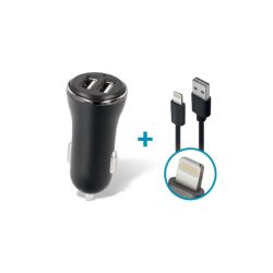 Forever szivargyújtós töltő adapter  2xUSB - 3.6A 1,2m - USB / Lightning kábelel - fekete