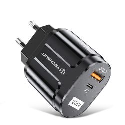 Techsuit hálózati gyors töltő (CHPD038) 1x USB+ 1x Type-C bemenettel - 20W - fekete