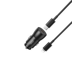 XO szivargyújtós töltő adapter CC57 PD 25W 1xType-C + Type-C / Lightning kábellel - fekete