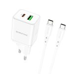   Borofone BN7 - USB+Type-C - QC3.0 20W  hálózati töltő szett +Type-C - Tpye-C kábellel - fehér