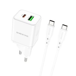 Borofone BN7 - USB+Type-C - QC3.0 20W  hálózati töltő szett +Type-C - Tpye-C kábellel - fehér