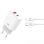   XOhálózati töltő szett CE12 PD QC 3.0 PD 20W 1x USB, 1x Type-C + Type-C - Lightning kábellel - fehér