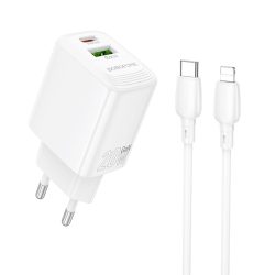 Borofone Wall BN27 USB + Type-C - PD 20W hálózati töltő szett Type-C - Lightning kábellel - fehér