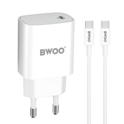 Bwoo CDA159 20W hálózati gyors töltő1x Type - C +Type - C - Type-C adatkábel 20W - fehér