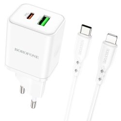 Borofone hálózati töltő BN7 - USB+Type-C - QC3.0 20W - Type-c - Lightning kábellel - fehér