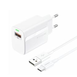 Foneng hálózati töltő szett EU64 18W , 1x USB + USB - Type-C kábellel - fehér