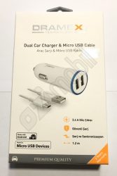 DRAMEX AUTÓS TÖLTŐ szett (2xUSB 3,4 A) microUSB kábellel DRX-15 - fehér