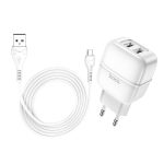   Hoco Wall - Highway C77A - MicroUSB Dual USB hálózati töltő szett - 2,4A - fehér   