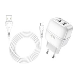 Hoco Wall - Highway C77A - MicroUSB Dual USB hálózati töltő szett - 2,4A - fehér   