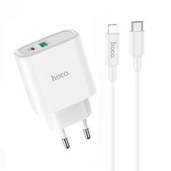 Hoco Wall - C57A  - 1x USB QC 3.0 + 1x USB Type-C PD 2.0 18W hálózati töltő fej Type-c -ről lightning-ra alakítható kábellel - fehér   