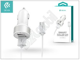 Univerzális Dual USB szivargyújtó töltő adapter + Type-C adatkábel 1 m-es vezetékkel - 5V/2,4A - Devia Smart Dual USB Car Charger Suit - white